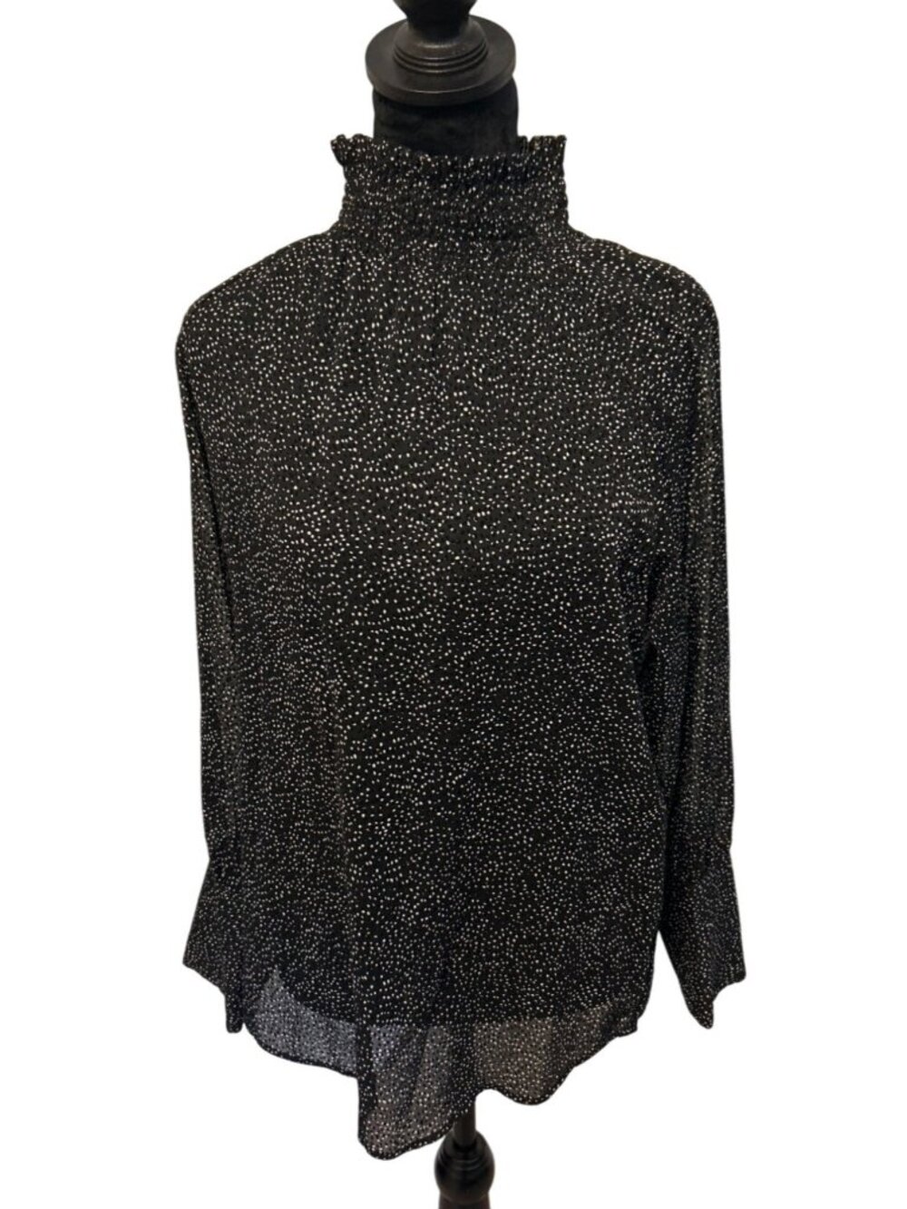 Donna Karan NY Sz M Black White Sheer Polka Dot Mock Neck Longsleeve Blouse Chic